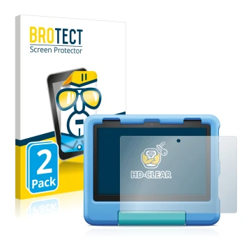 Vorderseite einer Produktverpackung mit dem Markenlogo BROTECT. Daneben ist das Gerät Amazon Fire HD 8 Kids 2022 mit dem zugeh