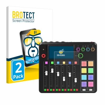 Vorderseite einer Produktverpackung mit dem Markenlogo BROTECT. Daneben ist das Gerät Rode Rodecaster Pro II mit dem zugehörig
