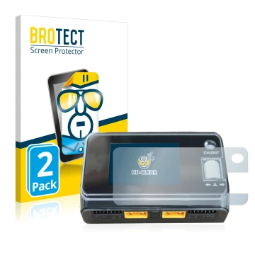 Vorderseite einer Produktverpackung mit dem Markenlogo BROTECT. Daneben ist das Gerät ToolkitRC M6D Dual Charger mit dem zugeh