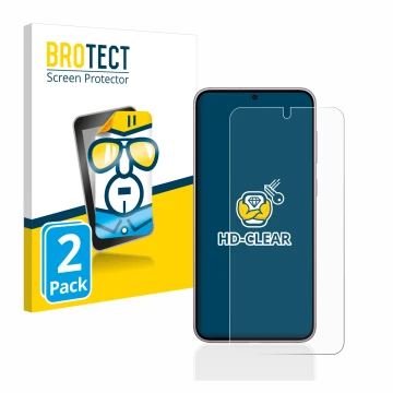 Vorderseite einer Produktverpackung mit dem Markenlogo BROTECT. Daneben ist das Gerät Samsung Galaxy S23 mit dem zugehörigen D