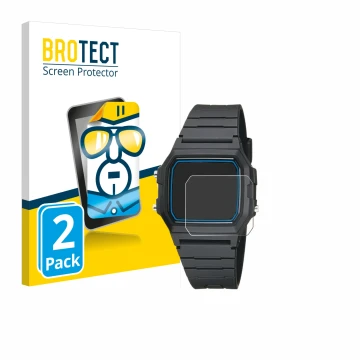 Vorderseite einer Produktverpackung mit dem Markenlogo BROTECT. Daneben ist das Gerät Casio F-105W-1AWYEF mit dem zugehörigen 