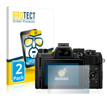 Vorderseite einer Produktverpackung mit dem Markenlogo BROTECT. Daneben ist das Gerät Olympus OM System OM-5 mit dem zugehörig