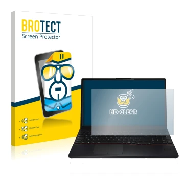 Vorderseite einer Produktverpackung mit dem Markenlogo BROTECT. Daneben ist das Gerät Fujitsu Lifebook E5512 mit dem zugehörig