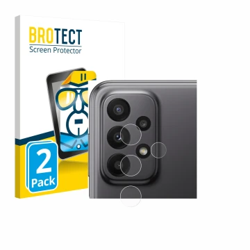 Vorderseite einer Produktverpackung mit dem Markenlogo BROTECT. Daneben ist das Gerät Samsung Galaxy A23 5G (NUR Kameraschutz)