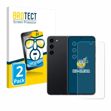 Vorderseite einer Produktverpackung mit dem Markenlogo BROTECT. Daneben ist das Gerät Samsung Galaxy S23 (Display+Kamera) mit 
