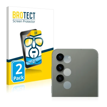 Vorderseite einer Produktverpackung mit dem Markenlogo BROTECT. Daneben ist das Gerät Samsung Galaxy S23 Plus (NUR Kameraschut