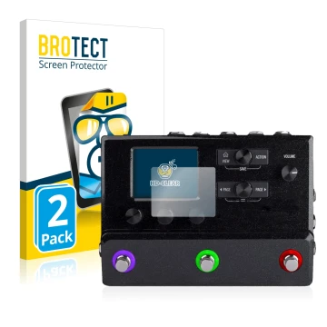 Vorderseite einer Produktverpackung mit dem Markenlogo BROTECT. Daneben ist das Gerät Line 6 hx stomp mit dem zugehörigen Disp