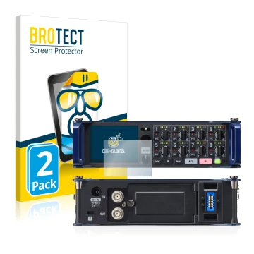 Vorderseite einer Produktverpackung mit dem Markenlogo BROTECT. Daneben ist das Gerät Zoom F8 field recorder mit dem zugehörig