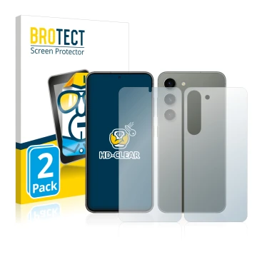 Vorderseite einer Produktverpackung mit dem Markenlogo BROTECT. Daneben ist das Gerät Samsung Galaxy S23 Plus (Display+Rücksei