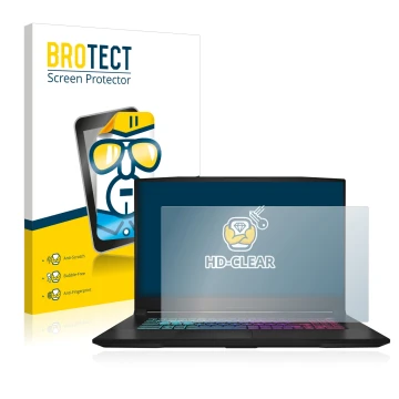 Vorderseite einer Produktverpackung mit dem Markenlogo BROTECT. Daneben ist das Gerät MSI Katana 17 B13V mit dem zugehörigen D