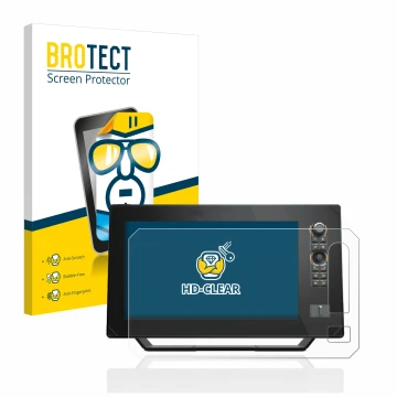 Vorderseite einer Produktverpackung mit dem Markenlogo BROTECT. Daneben ist das Gerät Humminbird Apex 13 MEGA SI+ mit dem zuge