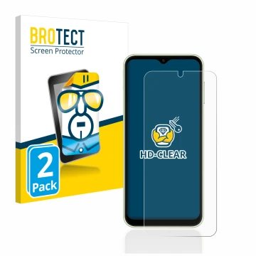Vorderseite einer Produktverpackung mit dem Markenlogo BROTECT. Daneben ist das Gerät Samsung Galaxy A14 4G mit dem zugehörige