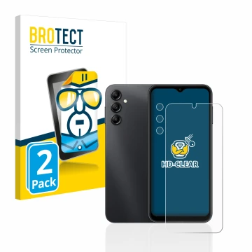 Vorderseite einer Produktverpackung mit dem Markenlogo BROTECT. Daneben ist das Gerät Samsung Galaxy A14 4G (Display+Kamera) m