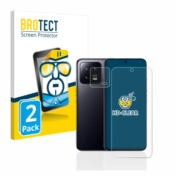 Vorderseite einer Produktverpackung mit dem Markenlogo BROTECT. Daneben ist das Gerät Xiaomi 13 (Display+Kamera) mit dem zugeh