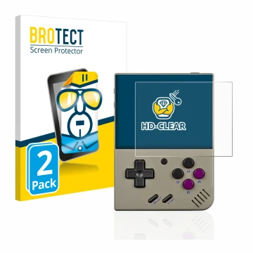 Vorderseite einer Produktverpackung mit dem Markenlogo BROTECT. Daneben ist das Gerät Miyoo Mini Plus mit dem zugehörigen Disp