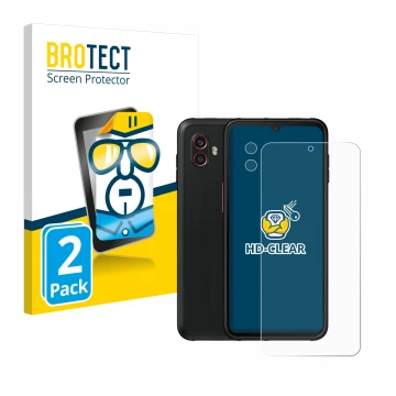 Vorderseite einer Produktverpackung mit dem Markenlogo BROTECT. Daneben ist das Gerät Samsung Galaxy XCover 6 Pro Enterprise E