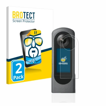 Vorderseite einer Produktverpackung mit dem Markenlogo BROTECT. Daneben ist das Gerät Ricoh Theta X mit dem zugehörigen Displa