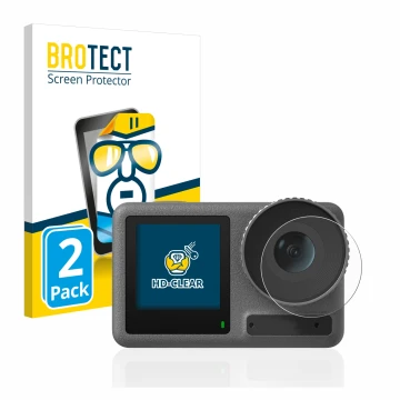 Vorderseite einer Produktverpackung mit dem Markenlogo BROTECT. Daneben ist das Gerät DJI Osmo Action 3 (Linse) mit dem zugehö