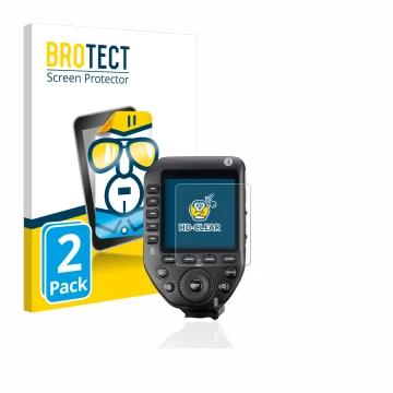 Vorderseite einer Produktverpackung mit dem Markenlogo BROTECT. Daneben ist das Gerät Godox XPro II mit dem zugehörigen Displa