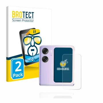 Vorderseite einer Produktverpackung mit dem Markenlogo BROTECT. Daneben ist das Gerät Oppo Find N2 Flip (Hinteres Display) mit