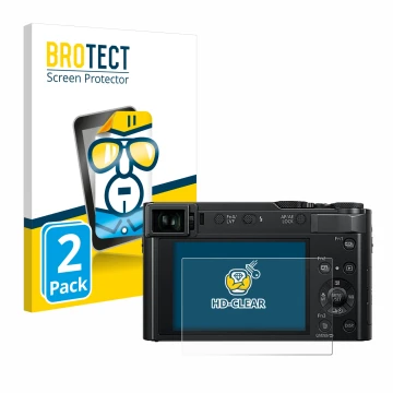 Vorderseite einer Produktverpackung mit dem Markenlogo BROTECT. Daneben ist das Gerät Panasonic Lumix DC-TZ202D mit dem zugehö