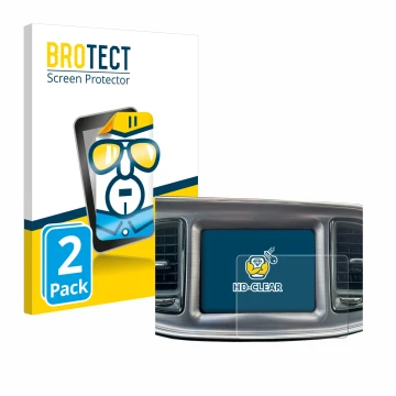 Vorderseite einer Produktverpackung mit dem Markenlogo BROTECT. Daneben ist das Gerät Dodge Challenger Uconnect 8.4