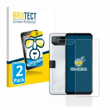 Vorderseite einer Produktverpackung mit dem Markenlogo BROTECT. Daneben ist das Gerät ASUS ROG Phone 7 (Display+Kamera) mit de