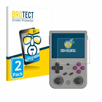 Vorderseite einer Produktverpackung mit dem Markenlogo BROTECT. Daneben ist das Gerät Anbernic RG353V mit dem zugehörigen Disp