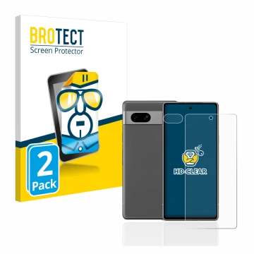 Vorderseite einer Produktverpackung mit dem Markenlogo BROTECT. Daneben ist das Gerät Google Pixel 7a (Display+Kamera) mit dem