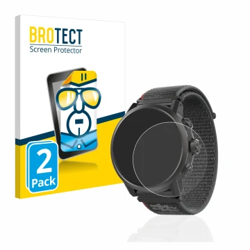 Vorderseite einer Produktverpackung mit dem Markenlogo BROTECT. Daneben ist das Gerät Coros Apex 2 mit dem zugehörigen Display