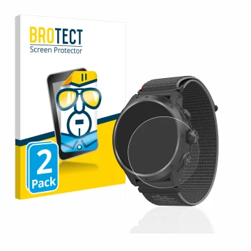 Vorderseite einer Produktverpackung mit dem Markenlogo BROTECT. Daneben ist das Gerät Coros Apex 2 Pro mit dem zugehörigen Dis