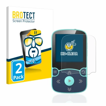 Vorderseite einer Produktverpackung mit dem Markenlogo BROTECT. Daneben ist das Gerät AGPtek A65X MP3 Player with clip mit dem