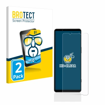 Vorderseite einer Produktverpackung mit dem Markenlogo BROTECT. Daneben ist das Gerät Sony Xperia 1 V mit dem zugehörigen Disp