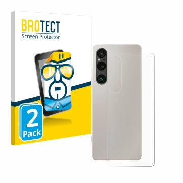 Vorderseite einer Produktverpackung mit dem Markenlogo BROTECT. Daneben ist das Gerät Sony Xperia 1 V (Rückseite) mit dem zuge