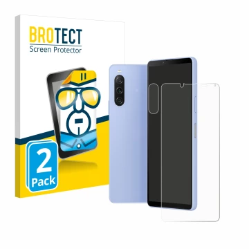 Vorderseite einer Produktverpackung mit dem Markenlogo BROTECT. Daneben ist das Gerät Sony Xperia 10 V (Display+Kamera) mit de