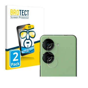 Vorderseite einer Produktverpackung mit dem Markenlogo BROTECT. Daneben ist das Gerät ASUS ZenFone 10 (NUR Kameraschutz) mit d