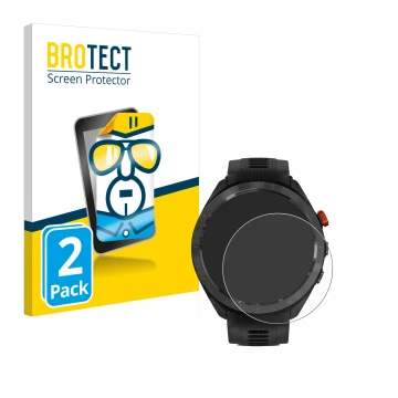 Vorderseite einer Produktverpackung mit dem Markenlogo BROTECT. Daneben ist das Gerät Garmin Approach S70 (47 mm) mit dem zuge