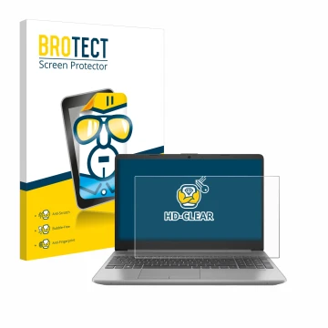Vorderseite einer Produktverpackung mit dem Markenlogo BROTECT. Daneben ist das Gerät HP 250 G9 mit dem zugehörigen Displaysch