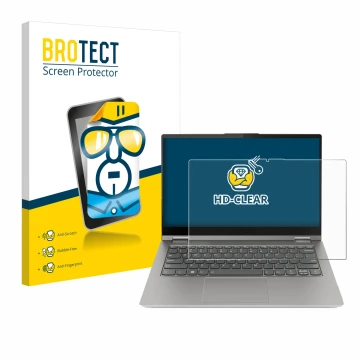 Vorderseite einer Produktverpackung mit dem Markenlogo BROTECT. Daneben ist das Gerät Lenovo ThinkBook 14s Yoga G3 mit dem zug