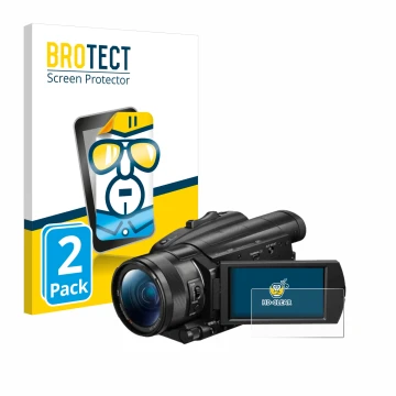 Vorderseite einer Produktverpackung mit dem Markenlogo BROTECT. Daneben ist das Gerät Sony FDR-AX700 mit dem zugehörigen Displ