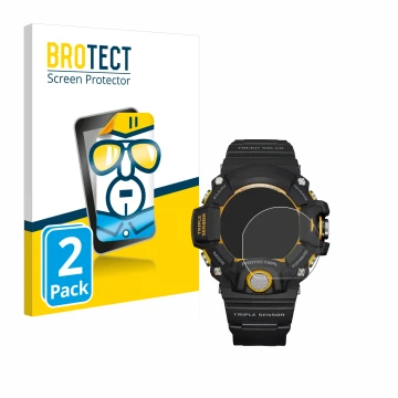 Vorderseite einer Produktverpackung mit dem Markenlogo BROTECT. Daneben ist das Gerät Casio G-Shock GW-9400Y-1 mit dem zugehör