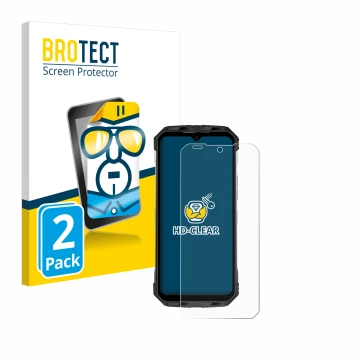 Vorderseite einer Produktverpackung mit dem Markenlogo BROTECT. Daneben ist das Gerät Doogee S110 mit dem zugehörigen Displays