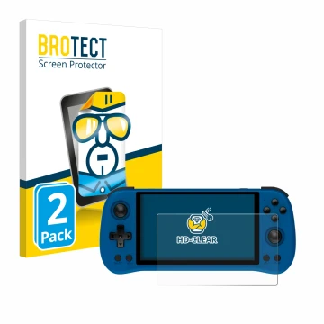 Vorderseite einer Produktverpackung mit dem Markenlogo BROTECT. Daneben ist das Gerät Powkiddy X55 mit dem zugehörigen Display