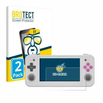 Vorderseite einer Produktverpackung mit dem Markenlogo BROTECT. Daneben ist das Gerät Anbernic RG505 mit dem zugehörigen Displ