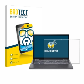 Vorderseite einer Produktverpackung mit dem Markenlogo BROTECT. Daneben ist das Gerät Acer Aspire 5 Spin 14 mit dem zugehörige