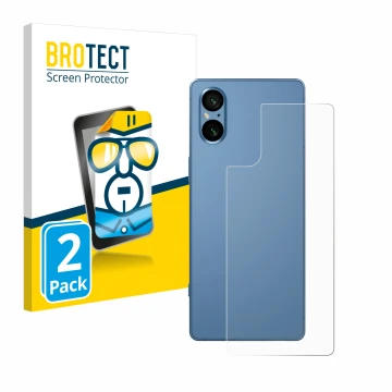 Vorderseite einer Produktverpackung mit dem Markenlogo BROTECT. Daneben ist das Gerät Sony Xperia 5 V (Rückseite) mit dem zuge