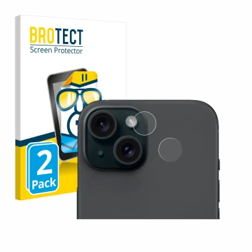 Vorderseite einer Produktverpackung mit dem Markenlogo BROTECT. Daneben ist das Gerät Apple iPhone 15 (NUR Kameraschutz) mit d