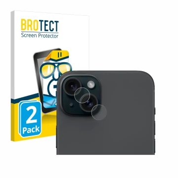 Vorderseite einer Produktverpackung mit dem Markenlogo BROTECT. Daneben ist das Gerät Apple iPhone 15 Plus (NUR Kameraschutz) 