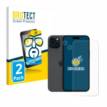 Vorderseite einer Produktverpackung mit dem Markenlogo BROTECT. Daneben ist das Gerät Apple iPhone 15 Plus (Display+Kamera) mi