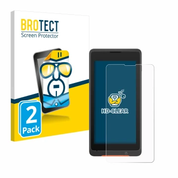 Vorderseite einer Produktverpackung mit dem Markenlogo BROTECT. Daneben ist das Gerät Sunmi P2 Lite SE mit dem zugehörigen Dis